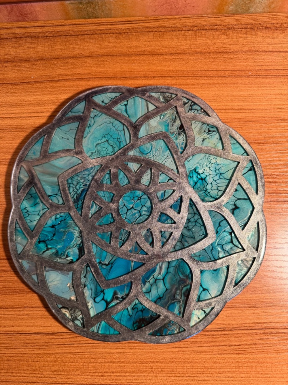 10" Teal Blue Acrylic Pour Mandala Trivet Wall Art Resin Coated Silver Geometric